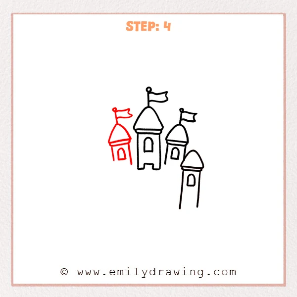 how to draw a cartoon castle - A cartoon castle with four towers; a new small left tower with a flag and arched window is added behind the main tower.